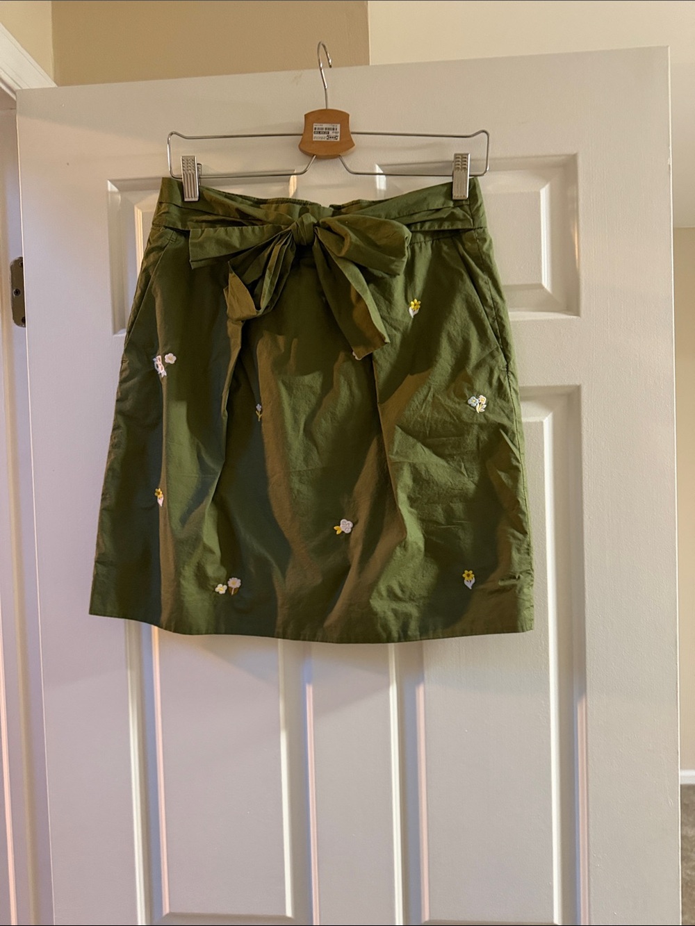 J. Crew Olive Green Mini Skirt with Bow Tie and Floral Embroidery